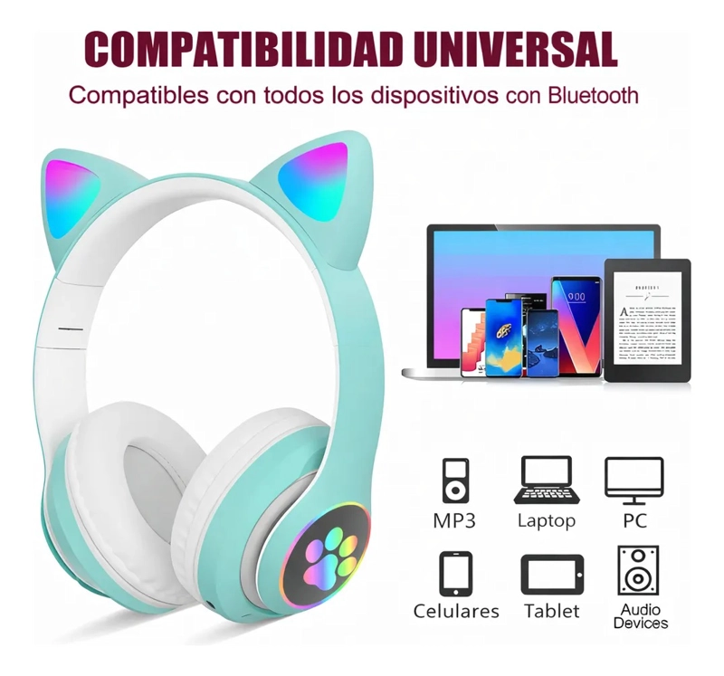 AUDIFONOS BLUETOOTH OREJAS DE GATO LUZ LED RBG RECARGABLES - 3