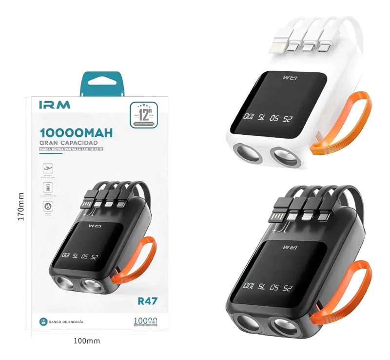 CARGADOR PORTATIL IRM R47 USB 10000MAH NEGRO CON CARGA RAPIDA Y PANTALLA DIGITAL - 4