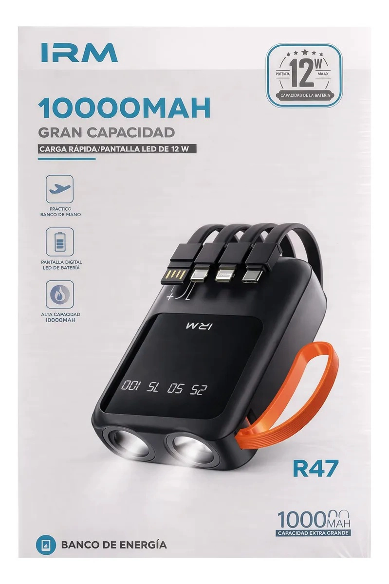 CARGADOR PORTATIL IRM R47 USB 10000MAH NEGRO CON CARGA RAPIDA Y PANTALLA DIGITAL - 5
