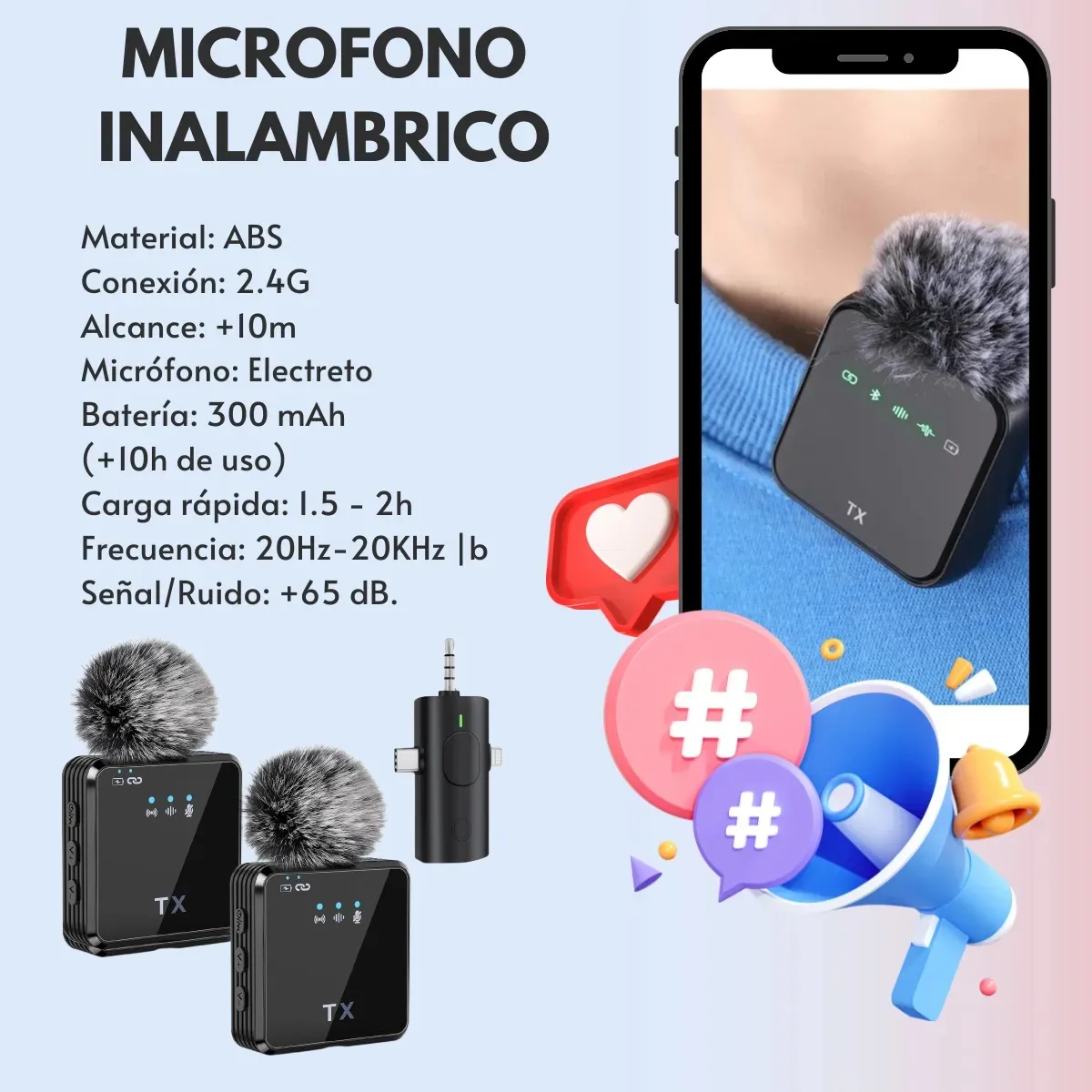 MICROFONO INALAMBRICO F11-2 10H BATERIA PARA CELULAR CAMARA VLOG ENTREVISTAS - 3