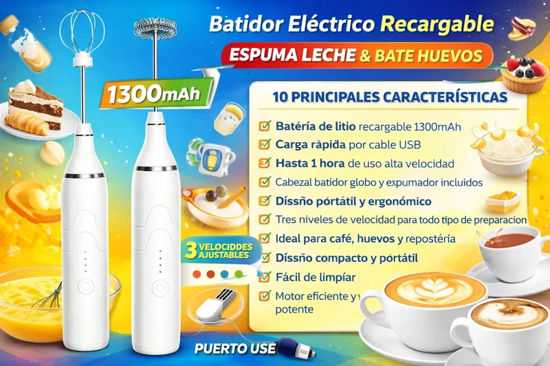 BATIDOR ELECTRICO RECARGABLE 2 EN 1 ESPUMADOR DE LECHE Y HUEVOS USB COLOR BLANCO - 2