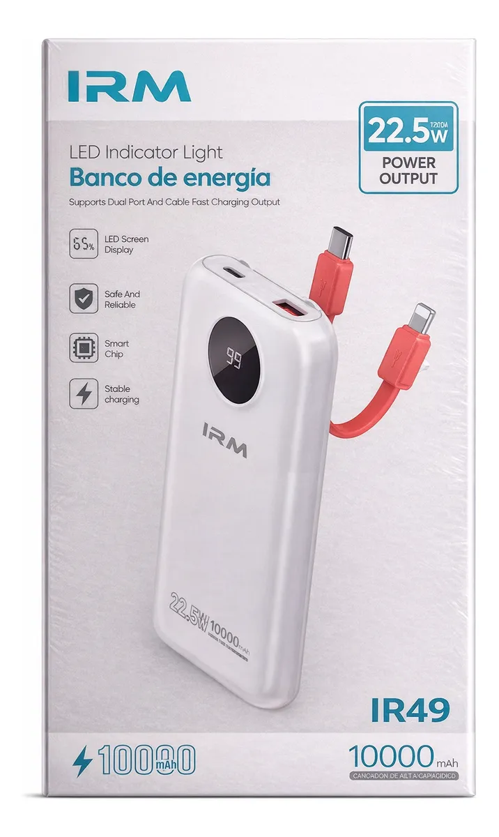 POWER BANK IRM IR49 10000MAH 22.5W CARGA RAPIDA CON CABLE USB C Y IPHONE PANTALLA LED - 7