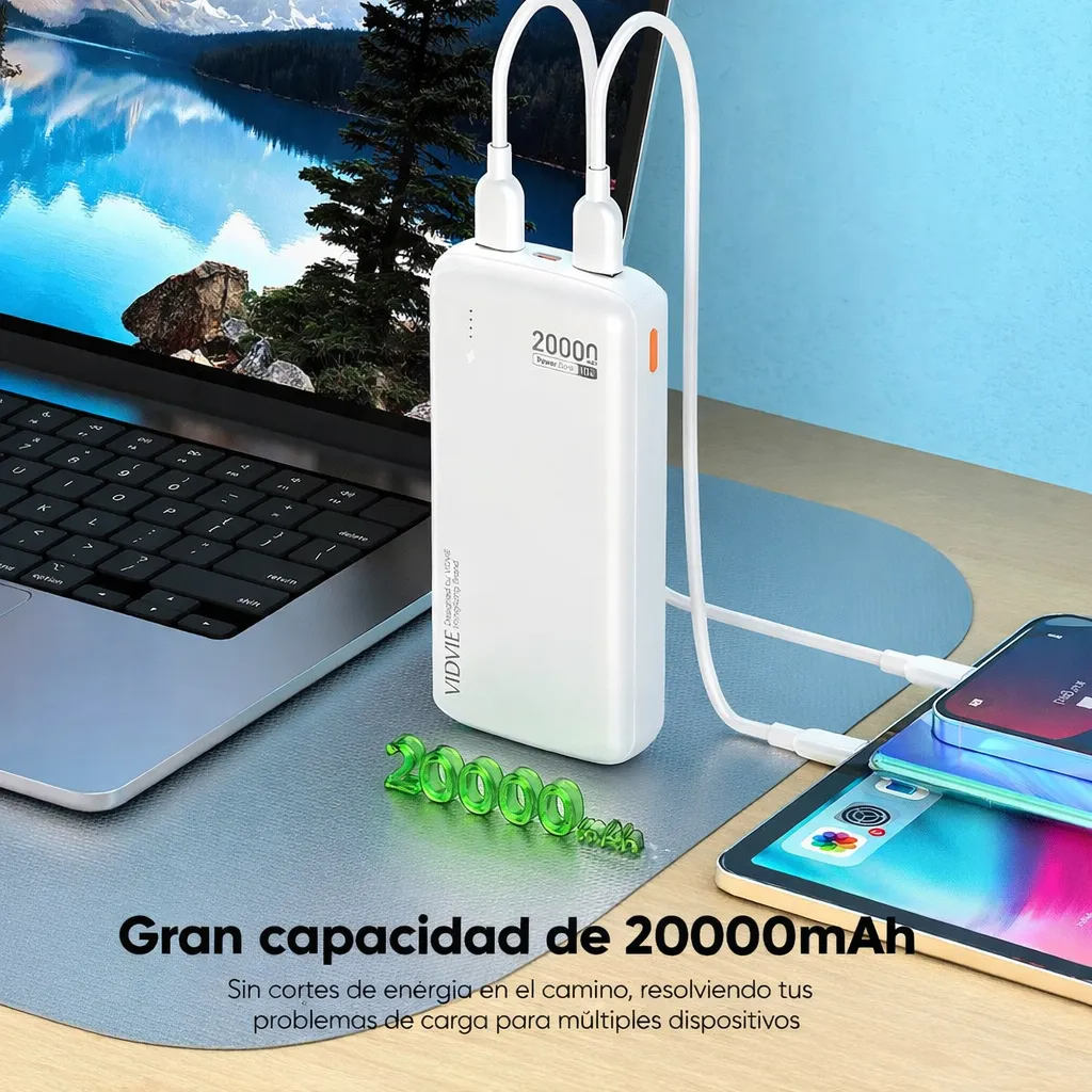POWER BANK VIDVIE 20000MAH CARGA RAPIDA DOBLE USB-A BATERIA EXTERNA PORTATIL COLOR BLANCO - 2