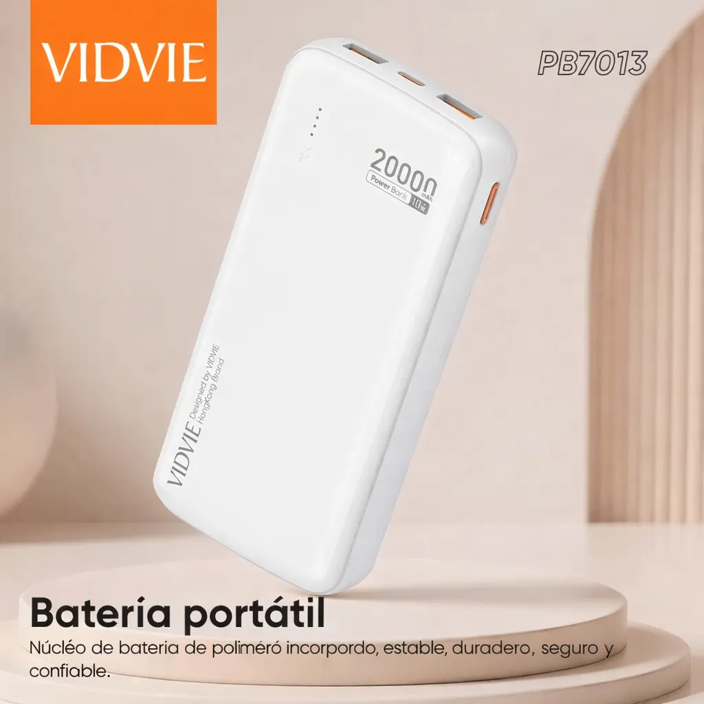 POWER BANK VIDVIE 20000MAH CARGA RAPIDA DOBLE USB-A BATERIA EXTERNA PORTATIL COLOR BLANCO - 3