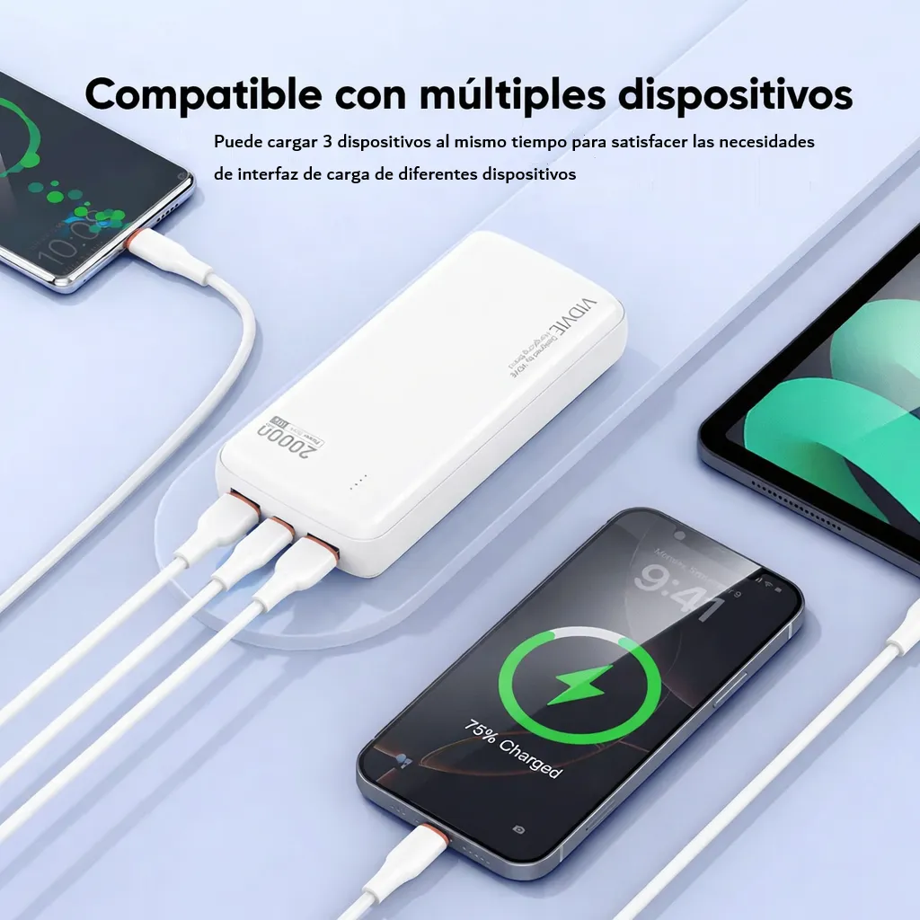POWER BANK VIDVIE 20000MAH CARGA RAPIDA DOBLE USB-A BATERIA EXTERNA PORTATIL COLOR BLANCO - 4