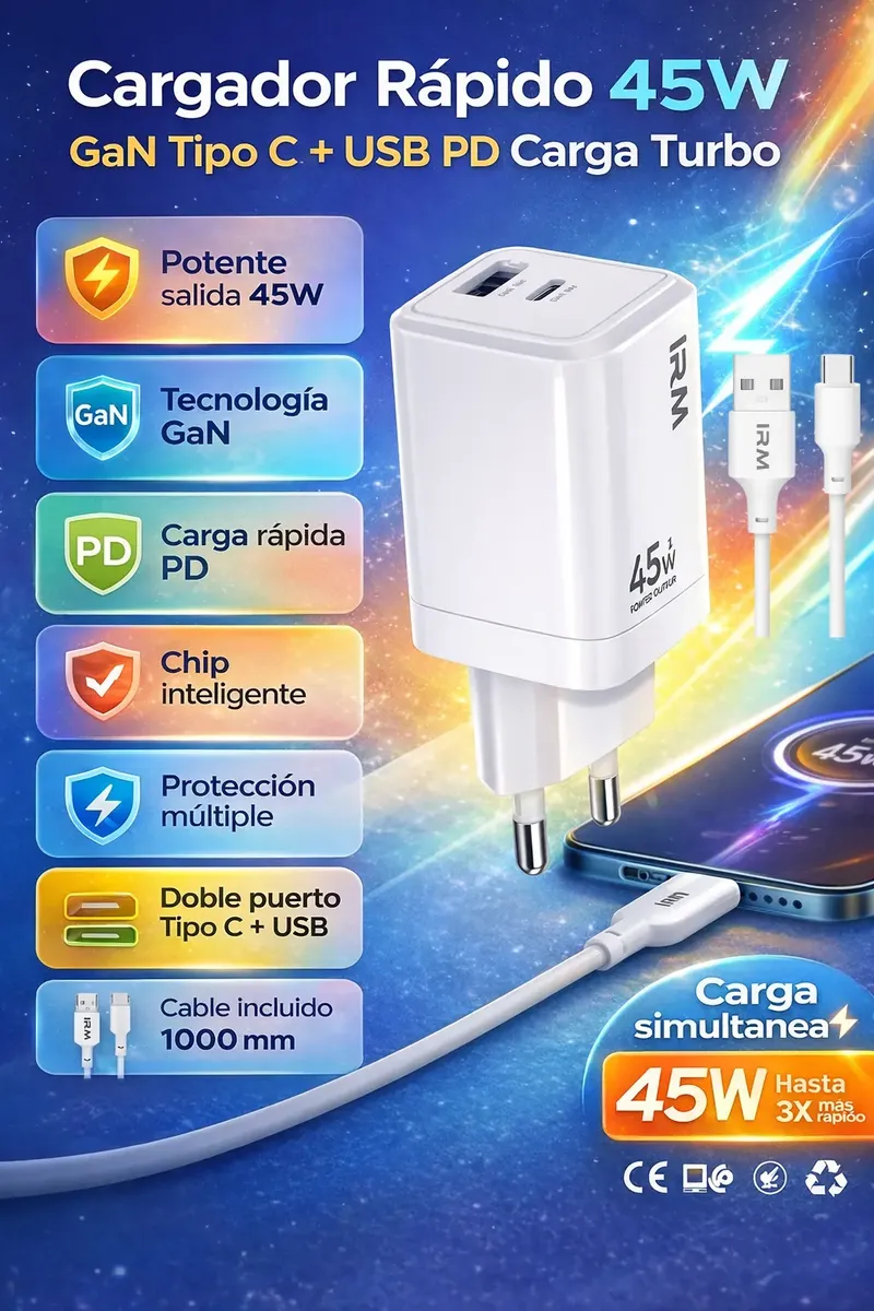 CARGADOR RAPIDO 45W USB TIPO C PARA ANDROID CARGA RAPIDA COMPACTO COLOR BLANCO - 3