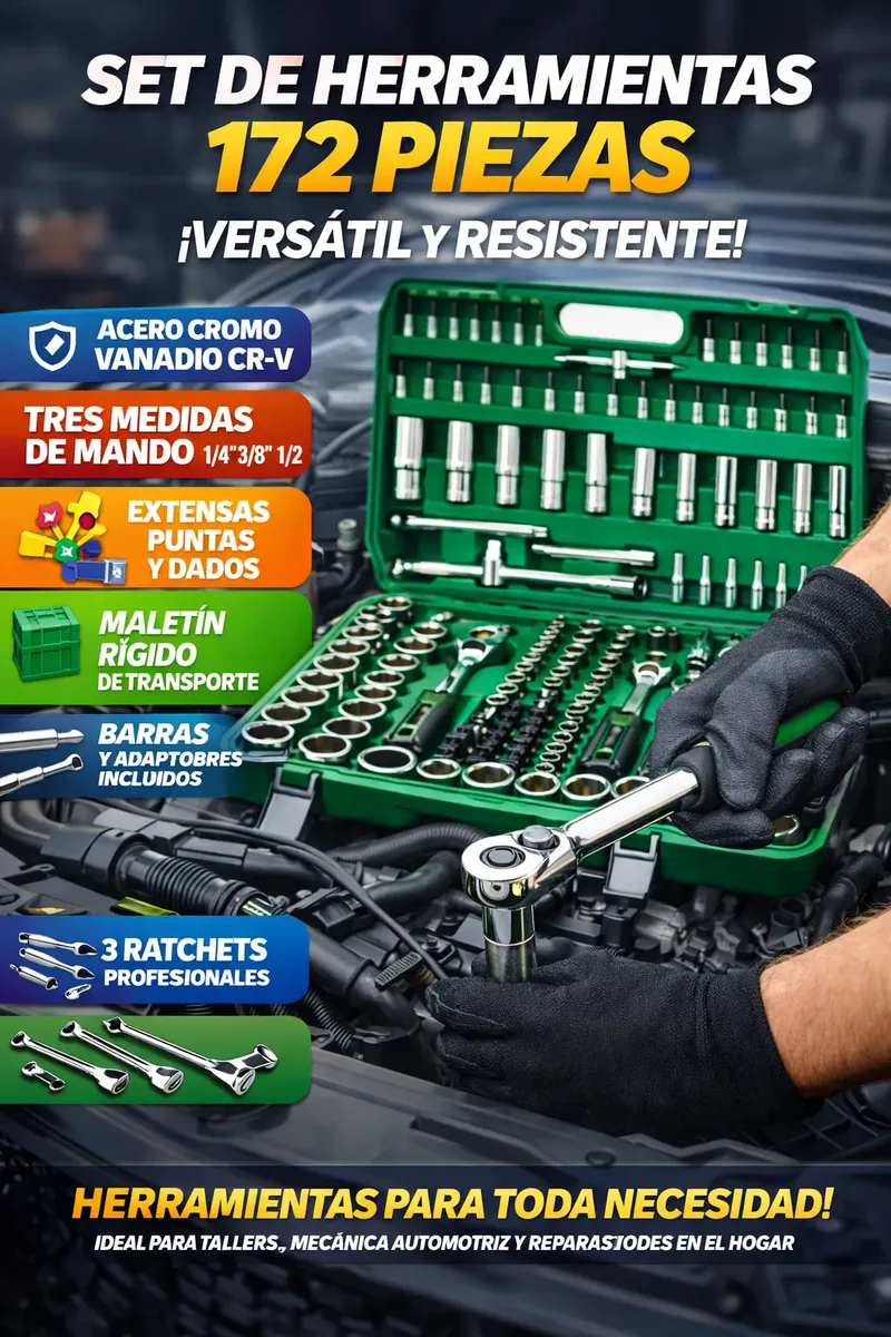SET DE HERRAMIENTAS 172 PIEZAS ACERO CROMO VANADIO CR-V KIT MECANICO PROFESIONAL CON MALETIN - 2