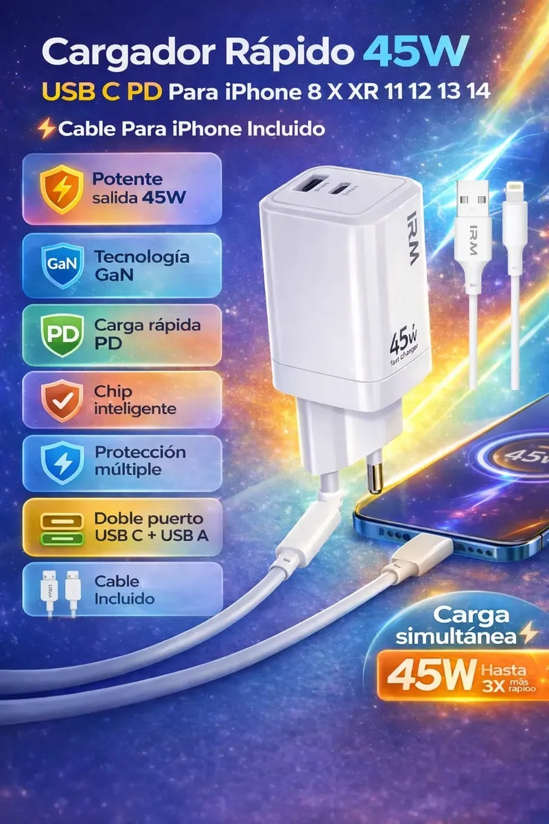CARGADOR RAPIDO GAN 45W USB C PARA IPHONE 8 XR 11 12 13 14 CARGA RAPIDA ADAPTADOR BLANCO - 3