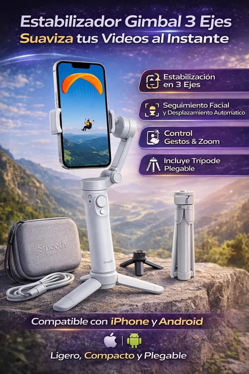 ESTABILIZADOR GIMBAL 3 EJES PLEGABLE CON SEGUIMIENTO FACIAL Y TRIPODE NEGRO - 2