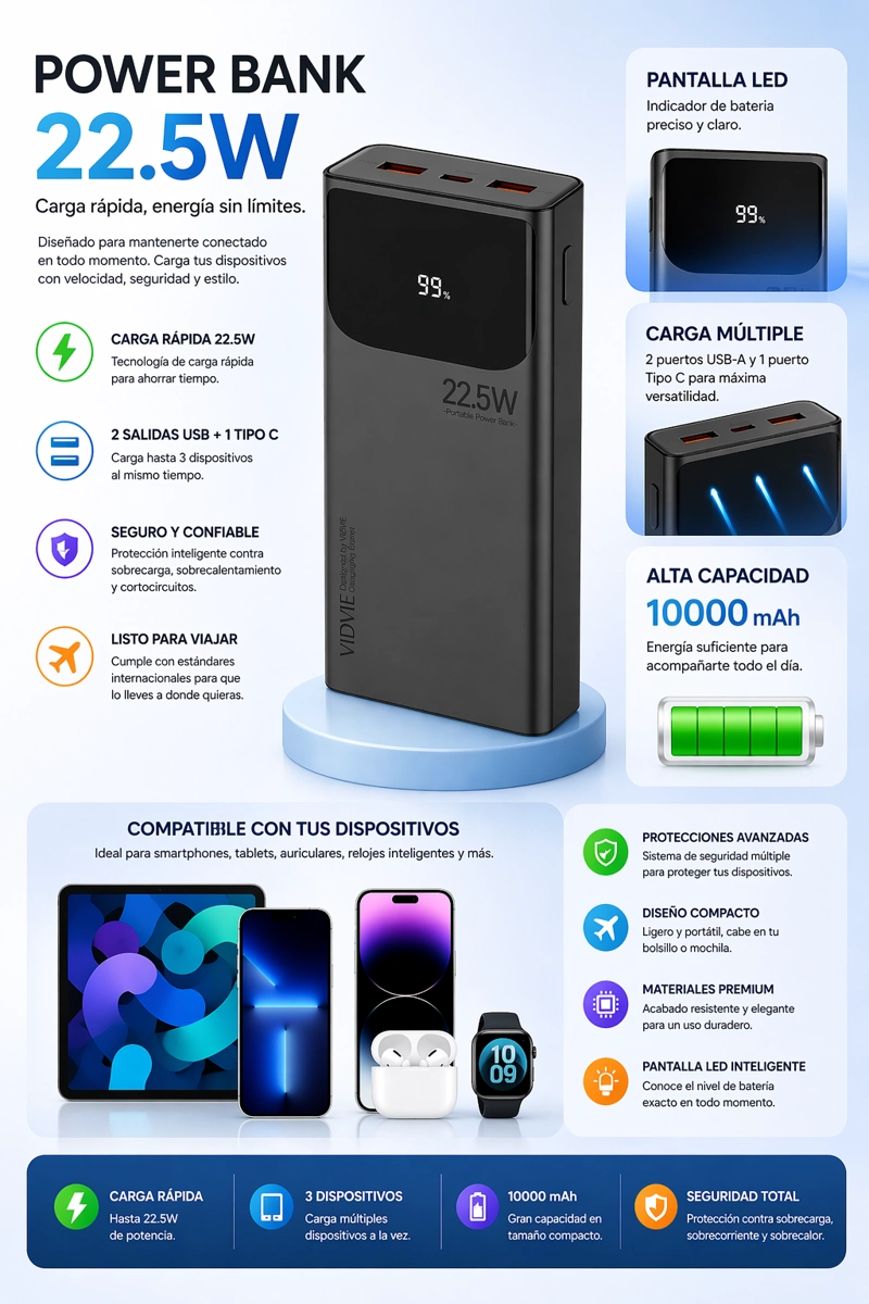 POWER BANK 20000MAH CARGA RÁPIDA 22.5W CON PANTALLA DIGITAL PORTÁTIL - 2