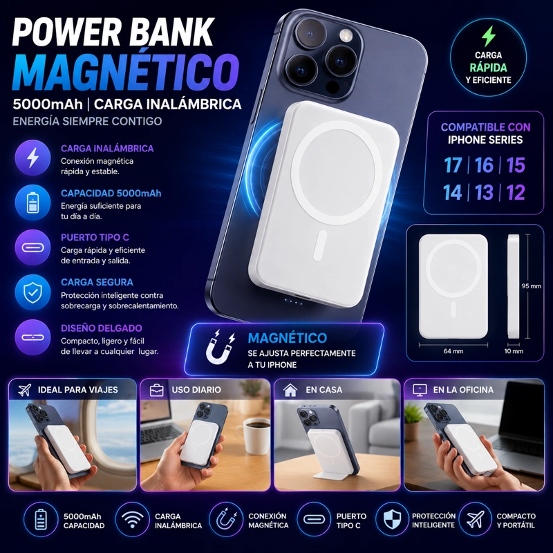 POWER BANK MAGNETICO 5000MAH CARGA INALAMBRICA - 3