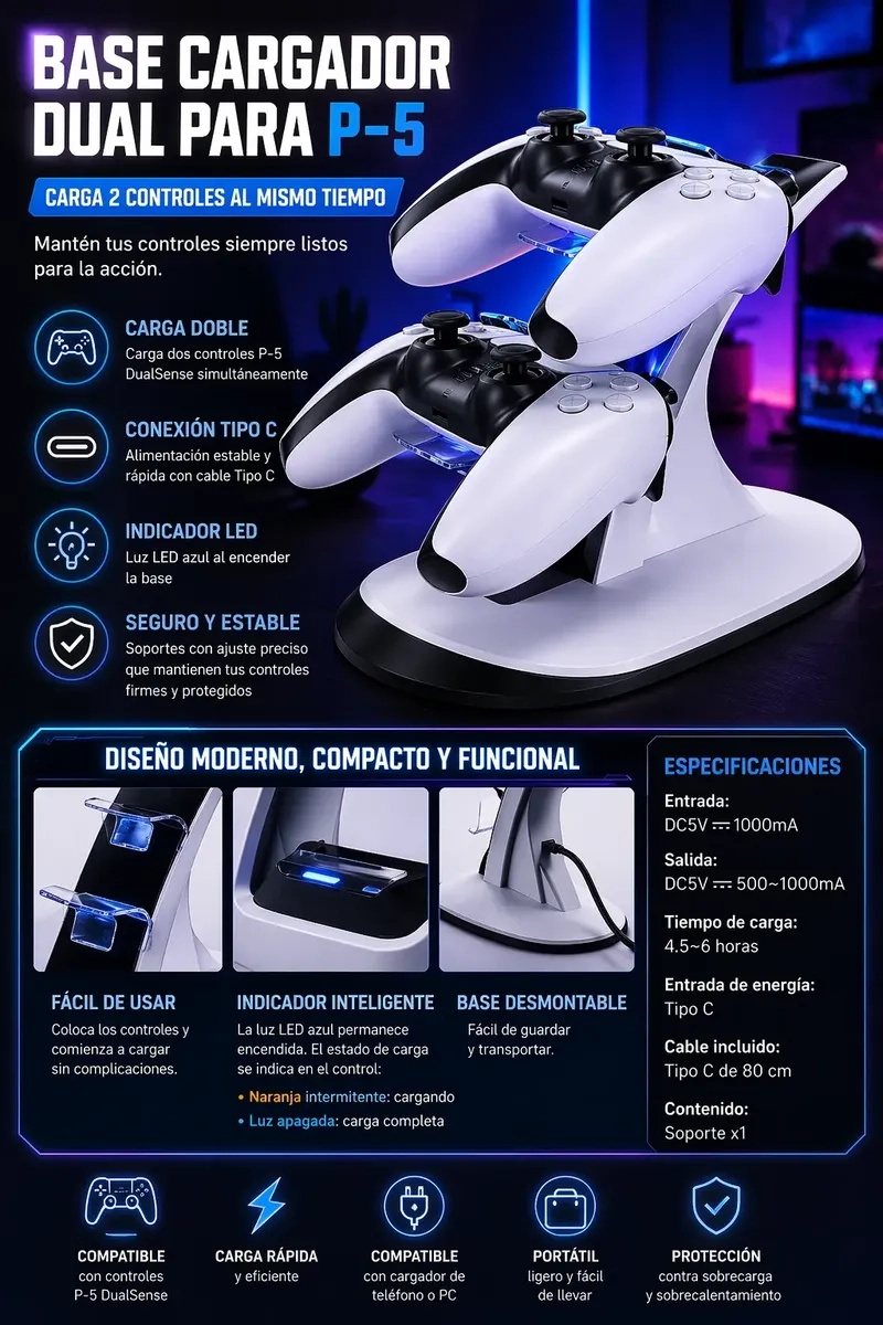 BASE CARGA DUAL PS5 JOYSTICK LUZ LED USB C - 2