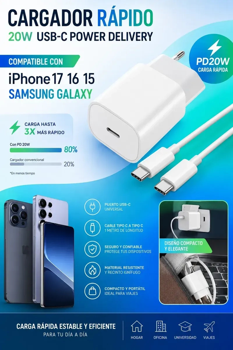 CARGADOR RAPIDO 20W USB C IPHONE SAMSUNG - 3