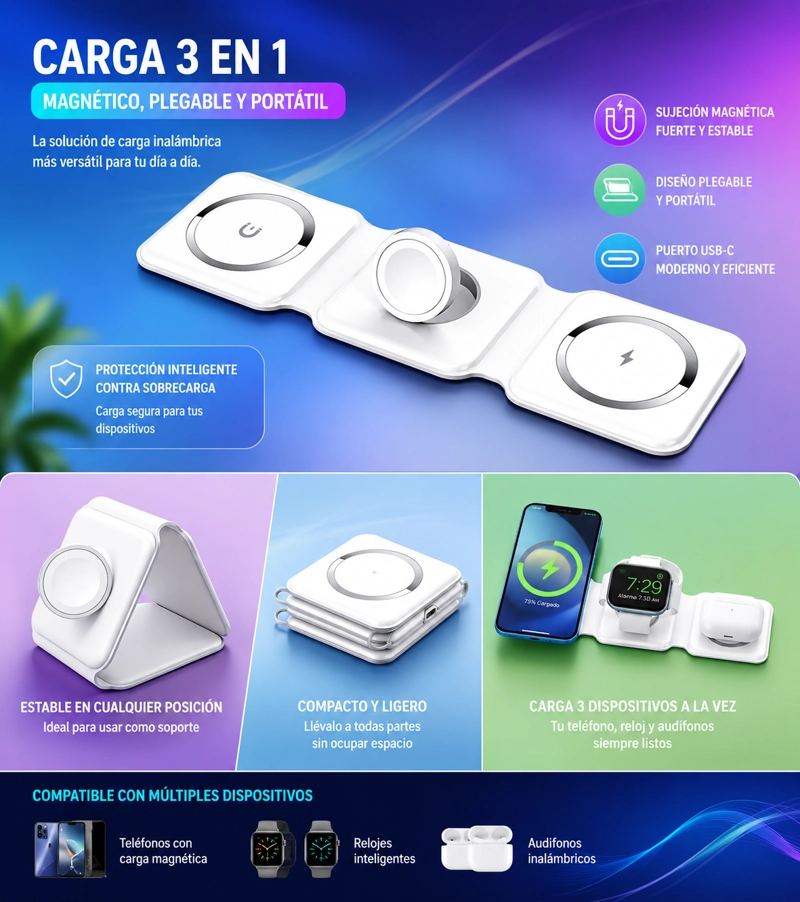 CARGADOR INALAMBRICO MAGNE TICO 3 EN 1 PLEGABLE 15W PARA IPHONE SAMSUNG Y SMARTWATCH - 2