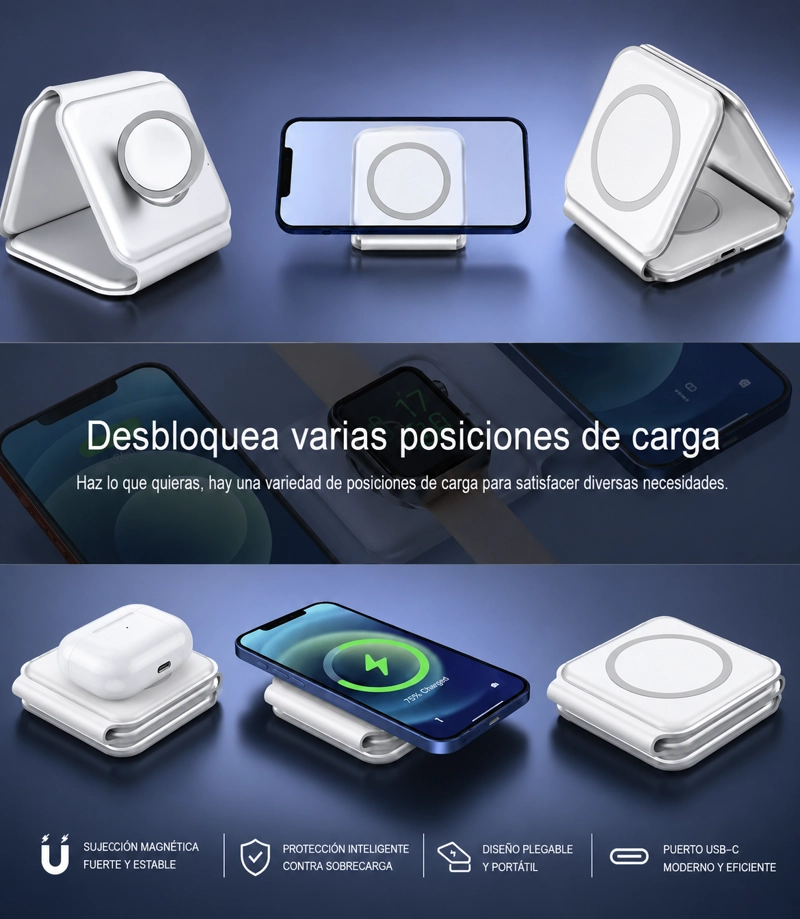 CARGADOR INALAMBRICO MAGNE TICO 3 EN 1 PLEGABLE 15W PARA IPHONE SAMSUNG Y SMARTWATCH - 3