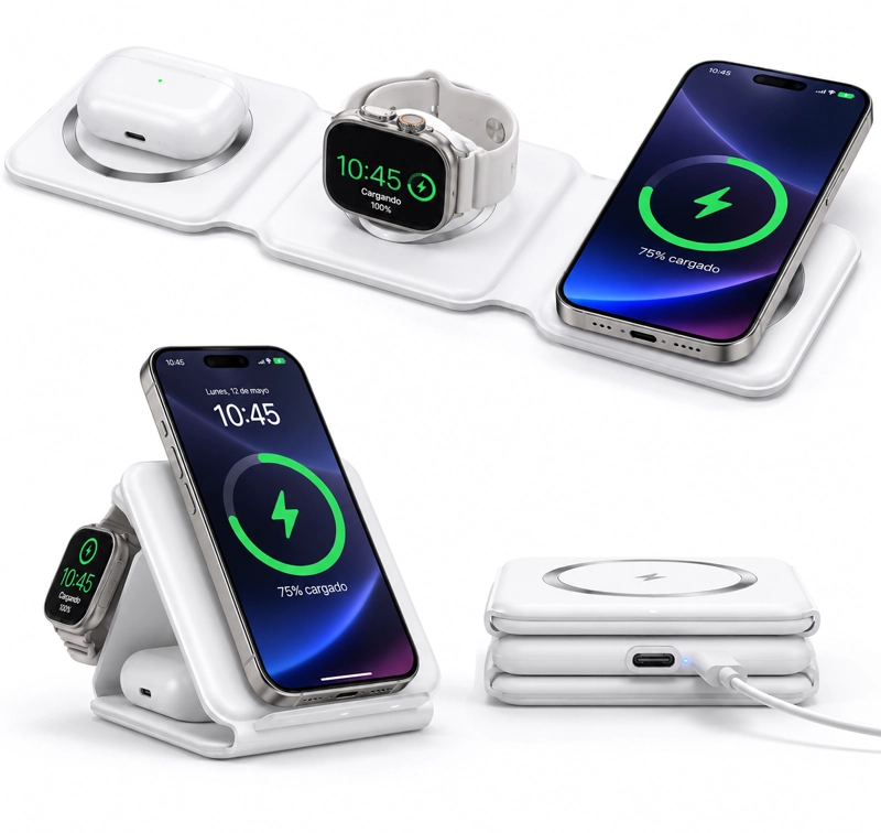 CARGADOR INALAMBRICO MAGNE TICO 3 EN 1 PLEGABLE 15W PARA IPHONE SAMSUNG Y SMARTWATCH - 5