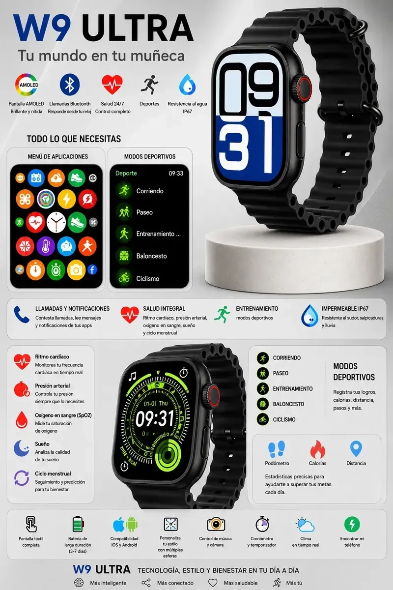 SMARTWATCH ULTRA W9 BLUETOOTH MONITOR SALUD DEPORTES COMPATIBLE IPHONE Y ANDROID NEGRO - 2