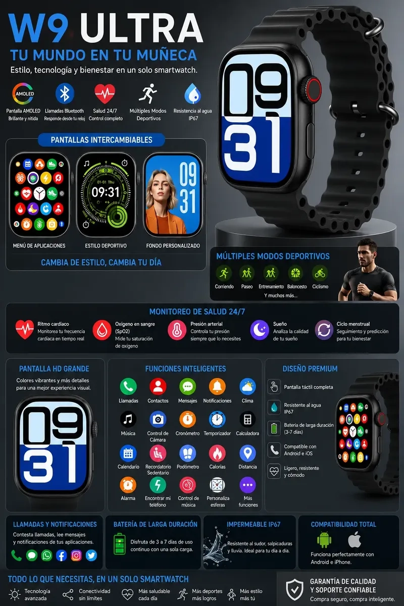 SMARTWATCH ULTRA W9 BLUETOOTH MONITOR SALUD DEPORTES COMPATIBLE IPHONE Y ANDROID NEGRO - 7