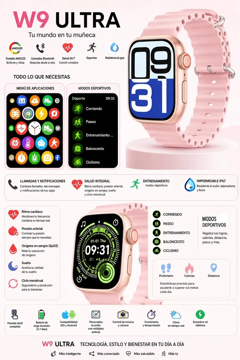 SMARTWATCH W9 ULTRA BLUETOOTH MONITOR SALUD DEPORTES COMPATIBLE IPHONE ANDROID ROSA - 3
