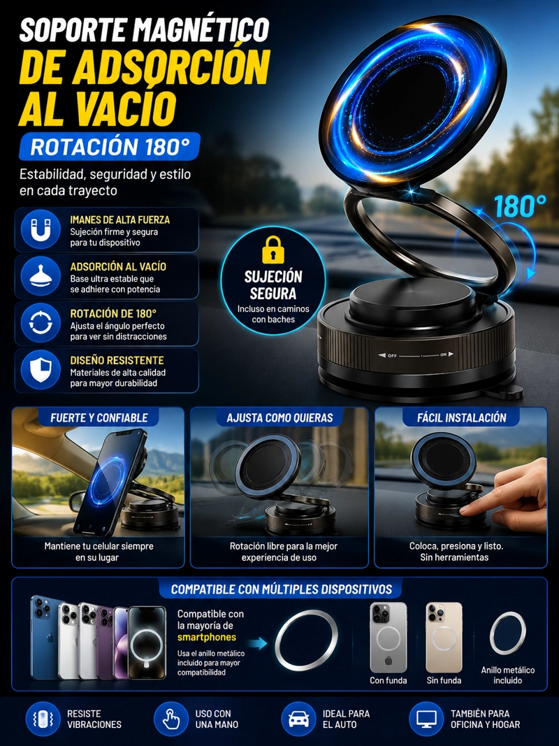 SOPORTE MAGNETICO CON ABSORCION AL VACIO PARA AUTO ROTACION 180° UNIVERSAL - 2