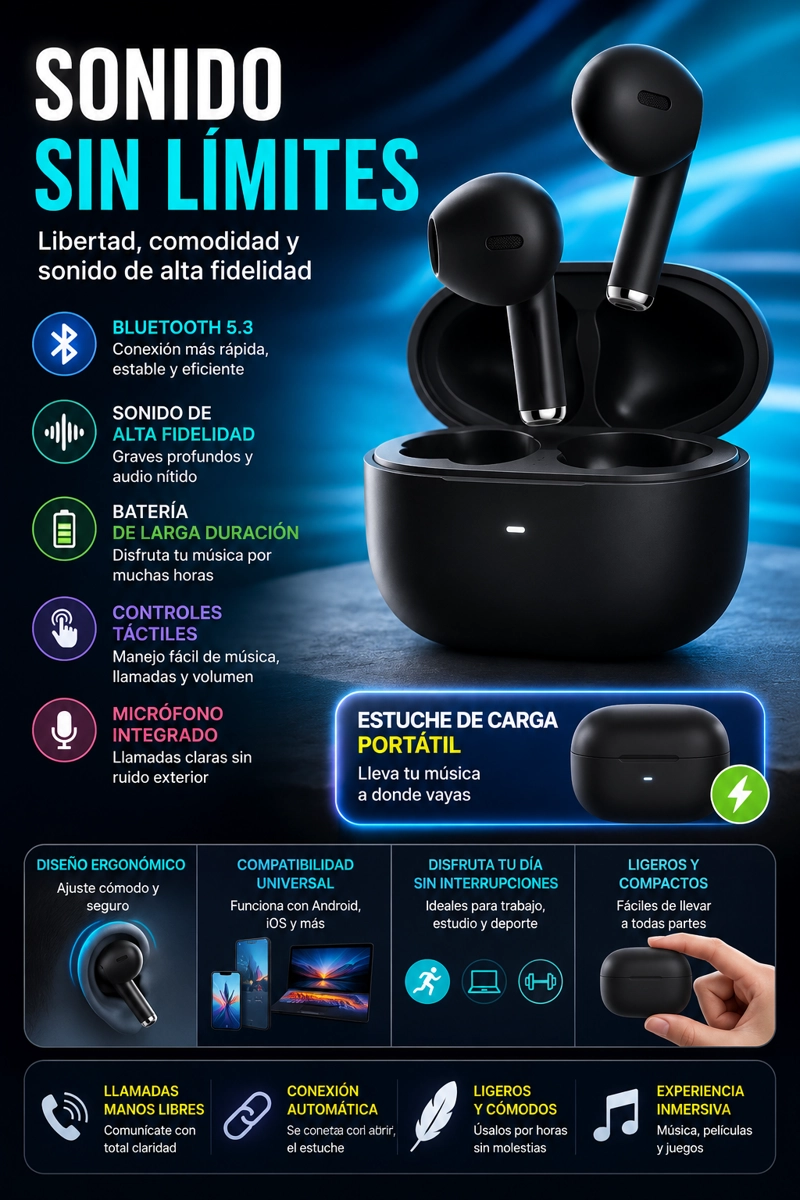 AUDIFONOS BLUETOOTH 5.3 HT09 ALTA FIDELIDAD CON ESTUCHE DE CARGA INALAMBRICOS - 2