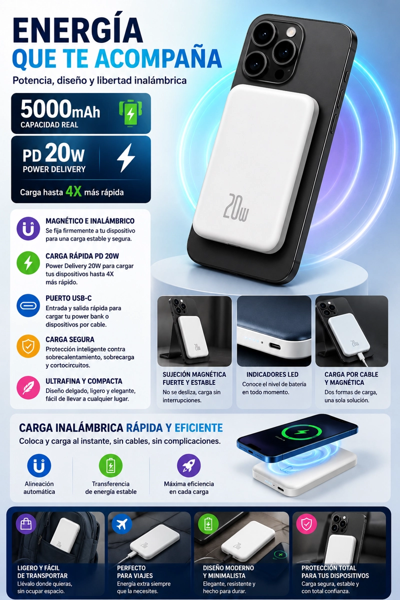 POWER BANK MAGNETICO 5000MAH PD 20W INALAMBRICO COMPATIBLE IPHONE Y ANDROID - 2