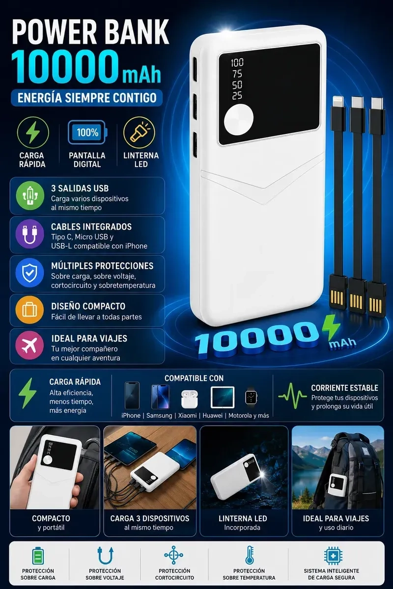 POWER BANK 10000MAH CARGA RAPIDA 3 USB CON PANTALLA DIGITAL Y LINTERNA LED - 2