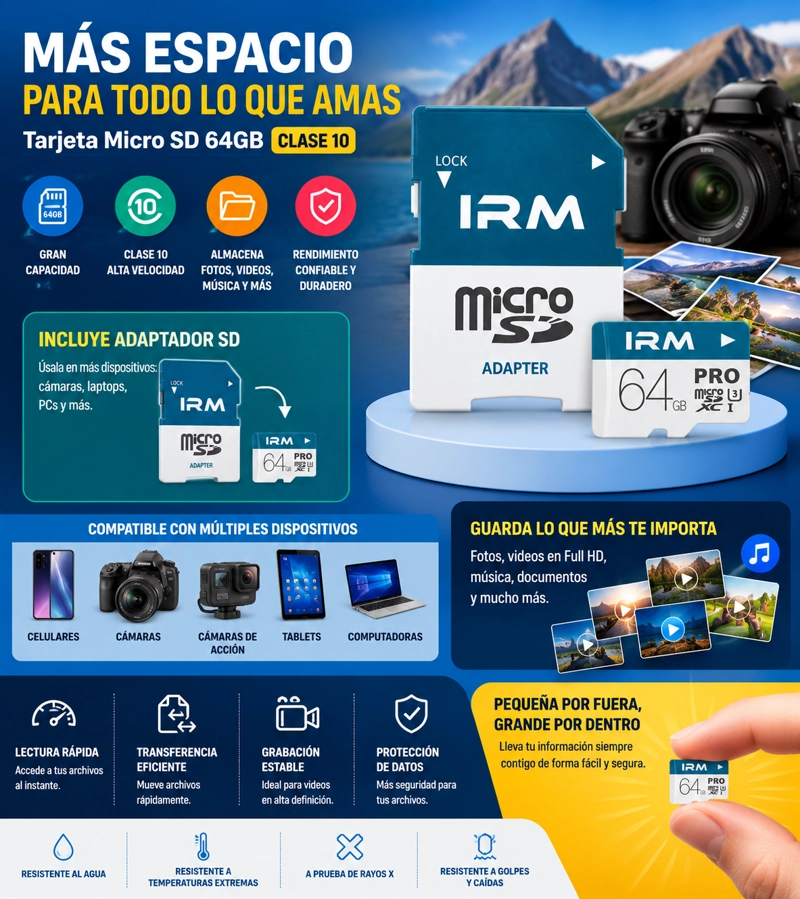 TARJETA MICRO SD 64GB CLASE 10 CON ADAPTADOR PARA CELULARES Y CAMARAS - 2