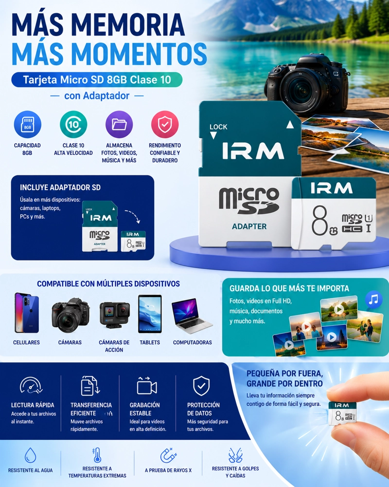 TARJETA MICRO SD 8GB CLASE 10 CON ADAPTADOR PARA CELULARES Y CAMARAS - 2