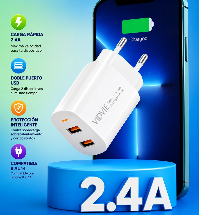 CARGADOR CARGA RAPIDA 2.4A COMPATIBLE CON IPHONE 8 11 12 13 14 - 2
