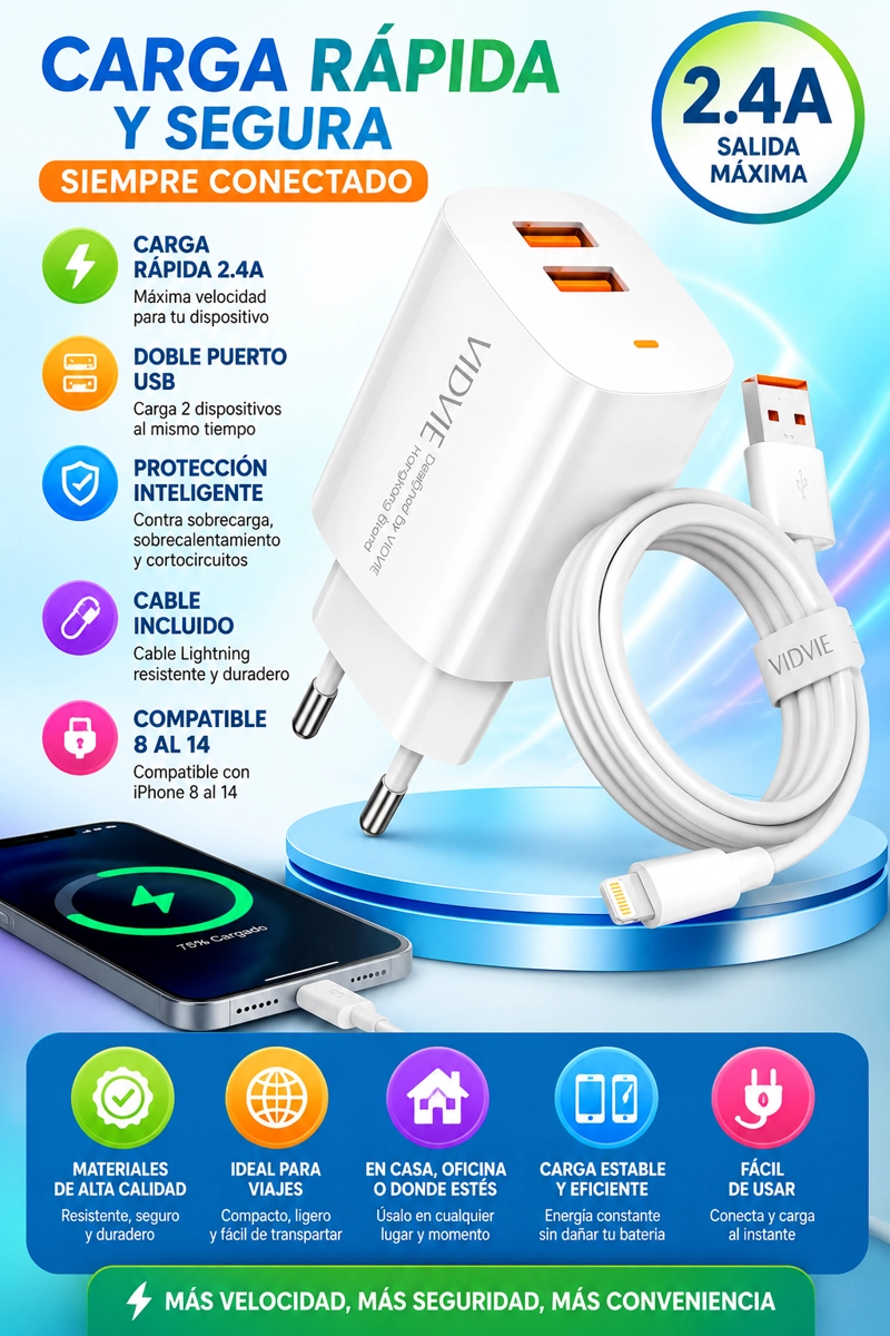 CARGADOR CARGA RAPIDA 2.4A COMPATIBLE CON IPHONE 8 11 12 13 14 - 3