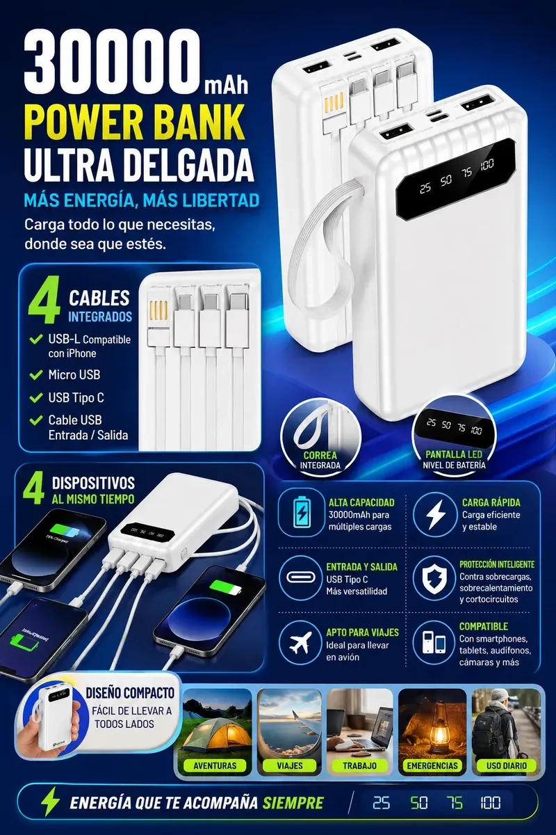 POWER BANK 30000MAH CARGA RAPIDA 4 CABLES INTEGRADOS USB TIPO C USB-L MICRO 2 PUERTOS USB COMPATIBLE - 2