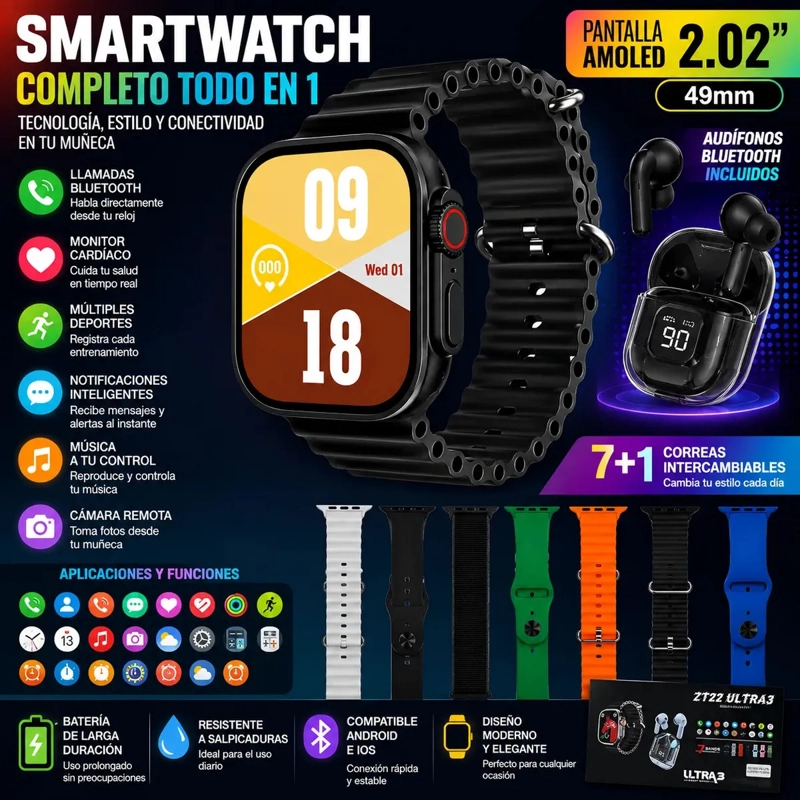 SMARTWATCH D96 PARA NIÑOS CON AUDIFONOS Y 7 CORREAS COMPATIBLE ANDROID IOS - 2