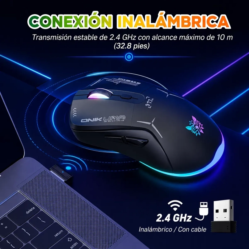 MOUSE GAMER INALAMBRICO ONIKUMA RGB 2.4GHZ 4800 DPI RECARGABLE - 6