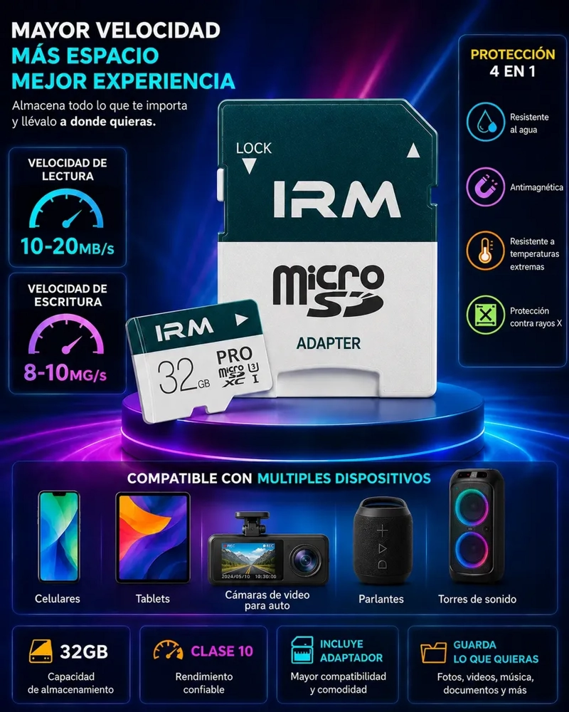 TARJETA MICRO SDHC 32GB CLASE 10 CON ADAPTADOR SD ALTA VELOCIDAD - 6