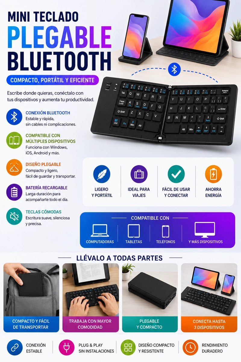 MINI TECLADO PLEGABLE BLUETOOTH COMPATIBLE CON WINDOWS IOS Y ANDROID - 3