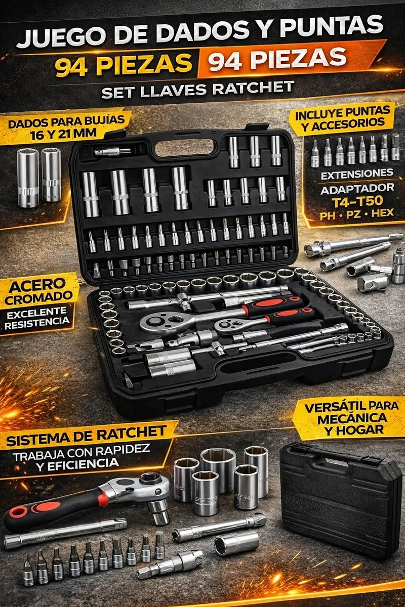 SET DE HERRAMIENTAS 94 PIEZAS CON DADOS Y RATCHET ACERO CROMO VANADIO - 2