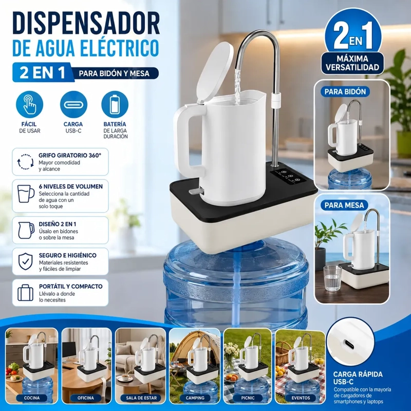 DISPENSADOR DE AGUA RECARGABLE 2 EN 1 PARA BIDON Y MESA PORTATIL USB - 7