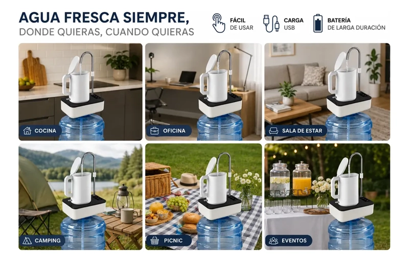 DISPENSADOR DE AGUA RECARGABLE 2 EN 1 PARA BIDON Y MESA PORTATIL USB - 2