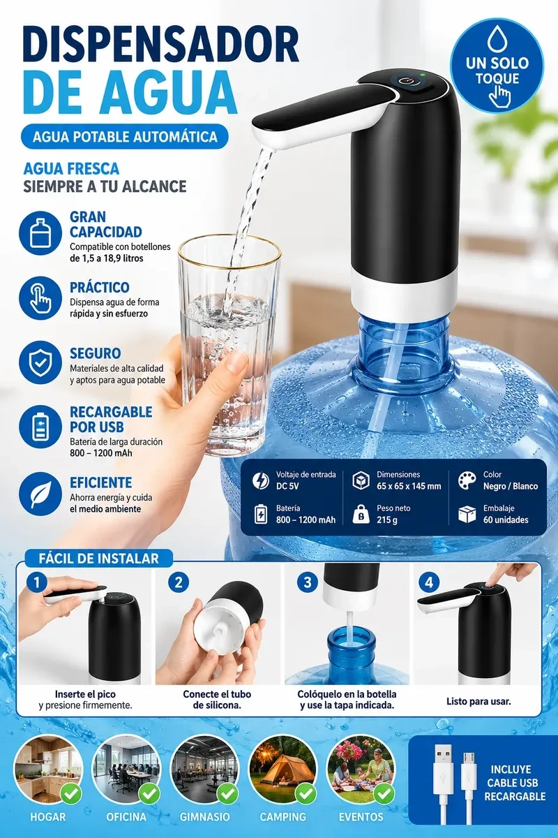DISPENSADOR DE AGUA ELE CTRICO USB RECARGABLE PORTATIL PARA BIDONES DE 20L - 2