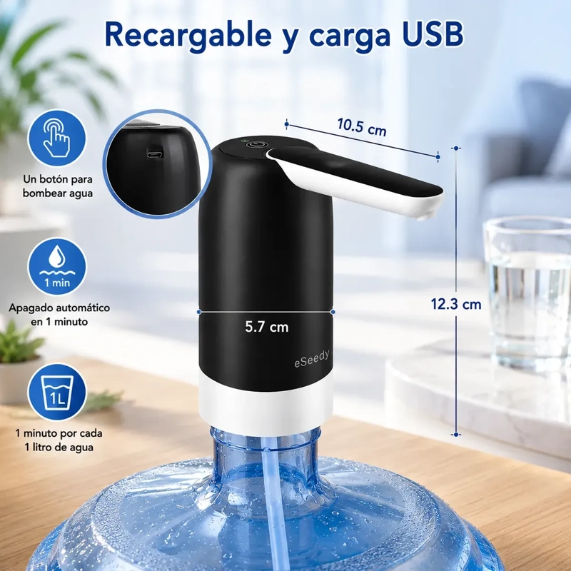 DISPENSADOR DE AGUA ELE CTRICO USB RECARGABLE PORTATIL PARA BIDONES DE 20L - 5