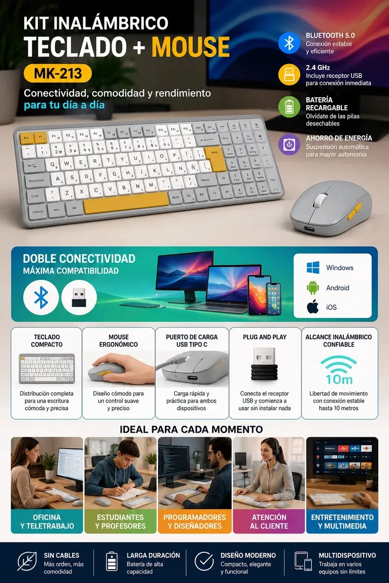 KIT TECLADO Y MOUSE GAMER INALAMBRICOS BLUETOOTH 5.0 Y 2.4GHZ RECARGABLES USB-C - 2