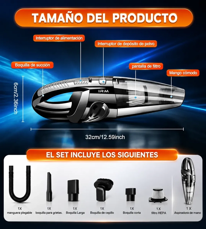 ASPIRADORA DE MANO INALAMBRICA 120W RECARGABLE PARA AUTO Y HOGAR - 6