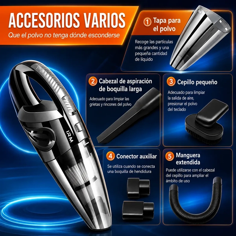 ASPIRADORA DE MANO INALAMBRICA 120W RECARGABLE PARA AUTO Y HOGAR - 9