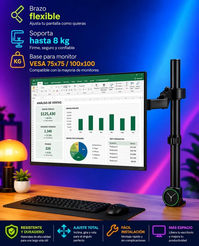 SOPORTE MONITOR ARTICULADO 14 A 32 PULGADAS VESA 8KG 360° - 5