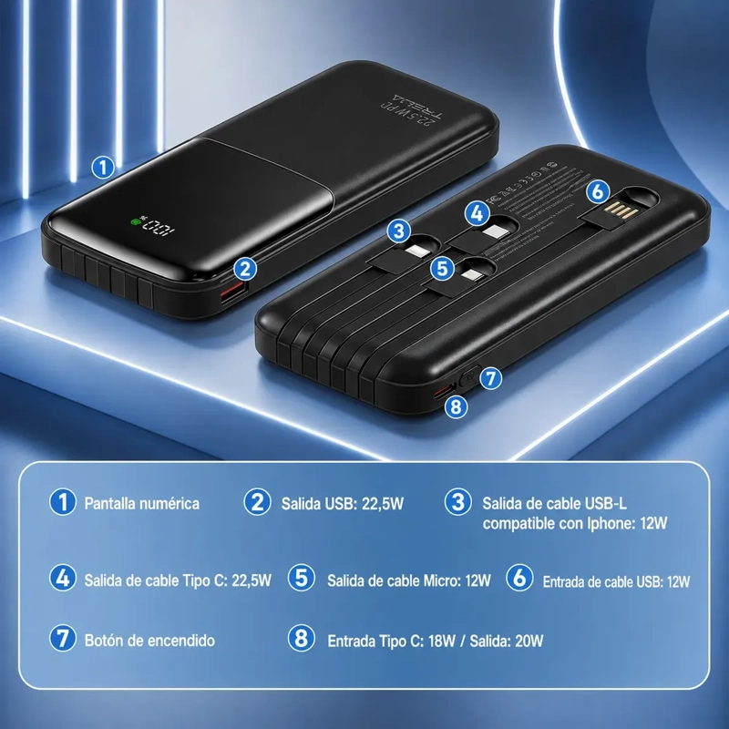 POWER BANK 10000MAH CARGA RAPIDA 22.5W PD CON 4 CABLES INTEGRADOS Y PANTALLA LED - 6