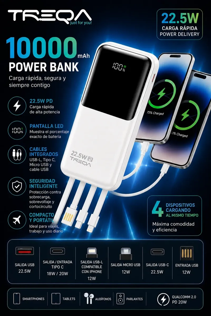 BATERIA PORTATIL 10000MAH 22.5W PD CON 4 CABLES INTEGRADOS Y CARGA RAPIDA - 2