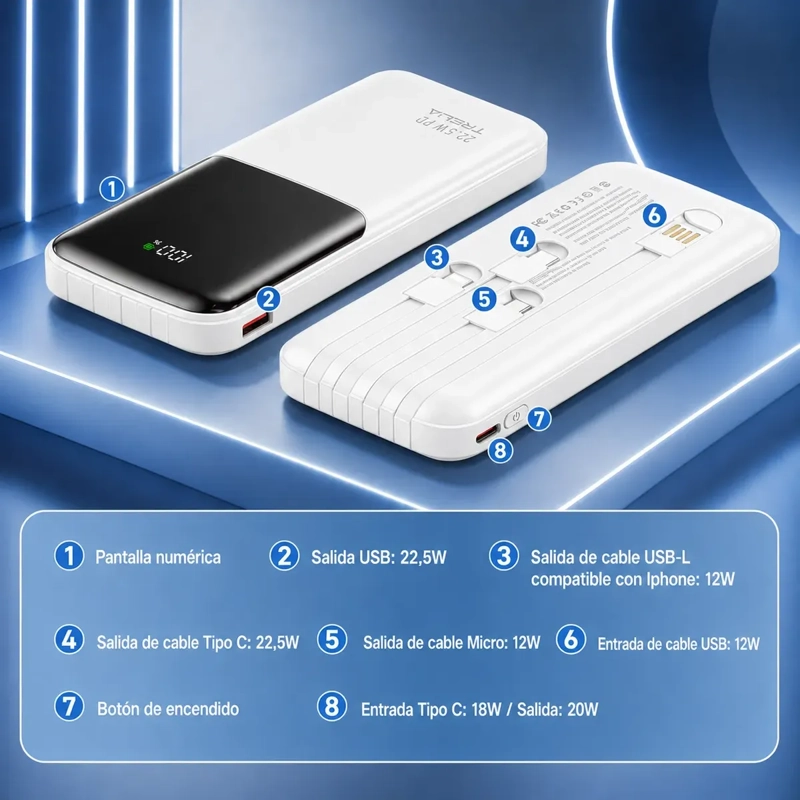 BATERIA PORTATIL 10000MAH 22.5W PD CON 4 CABLES INTEGRADOS Y CARGA RAPIDA - 6