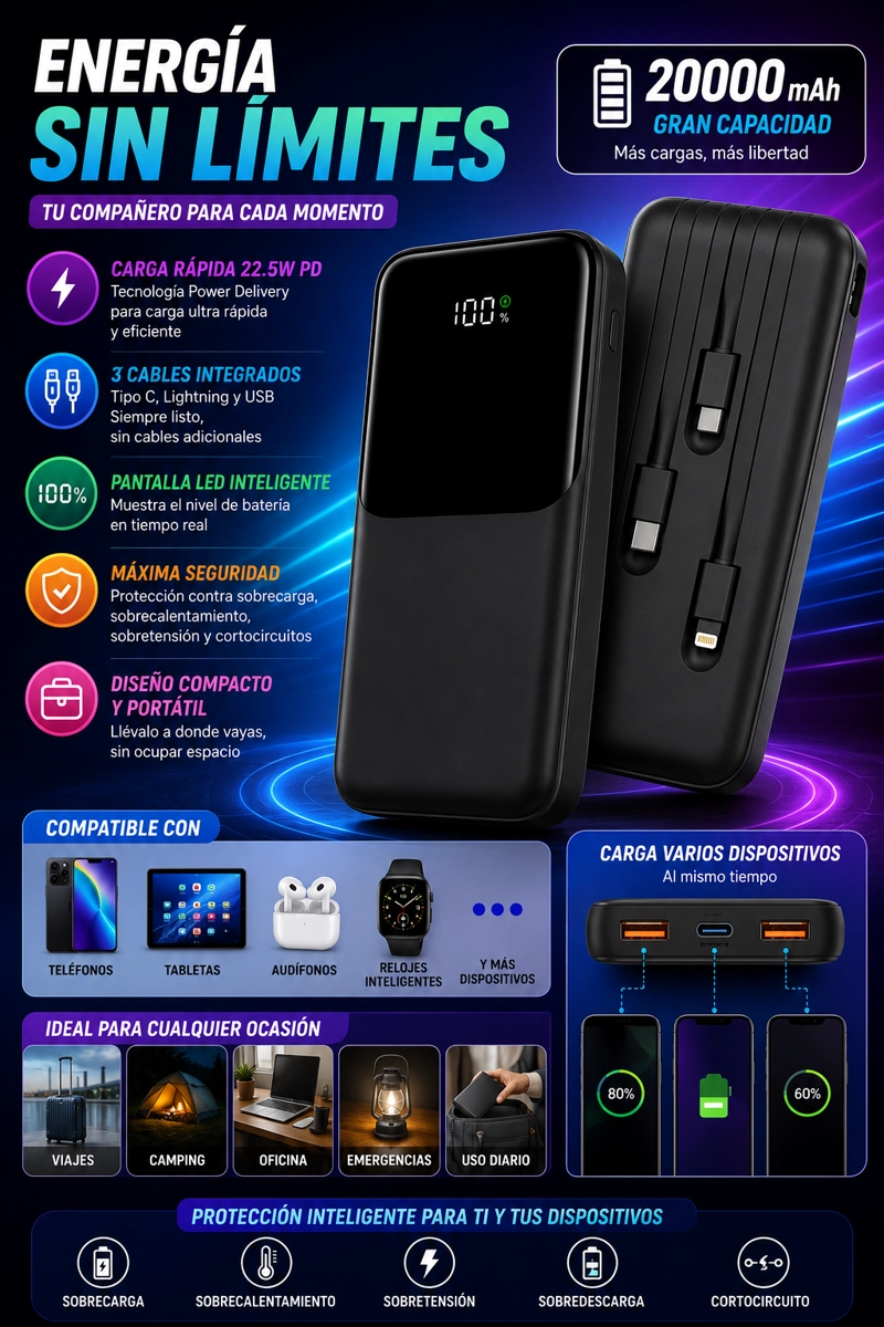 BATERÍA EXTERNA POWER BANK 20000MAH CARGA RÁPIDA PD 3.0 22.5W PORTÁTIL - 2