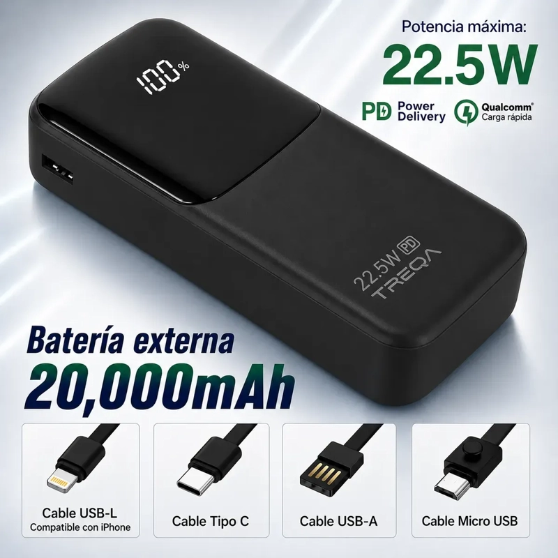 BATERÍA EXTERNA POWER BANK 20000MAH CARGA RÁPIDA PD 3.0 22.5W PORTÁTIL - 6